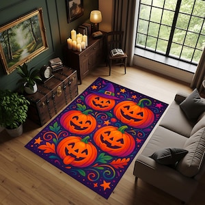 Halloween Pumpkin Rug | Colorful Non-Slip Decorative Carpet | Living Room & Party Themed Area Rug