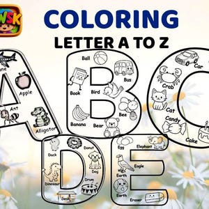 Dibujos para colorear del alfabeto de la A a la Z: letras divertidas e imprimibles para niños: fichas educativas del abecedario, actividades para la educación en casa, descarga instantánea