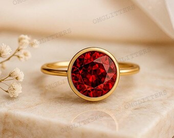 2 CT Round Cut Ruby Engagement Ring, Gold Solitaire Ring, Red Gemstone Promise Ring, Vintage Inspired Jewelry, July Birthstone Ring Gift