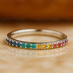 Rainbow Ring Rainbow Sapphire Wedding Band, Sapphire Half Eternity Band, 14K Gold Rainbow Sapphire Ring, Multicolor Stacking Ring