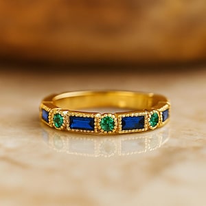 Vintage Sapphire Emerald Wedding Band, Half Eternity Band, Stacking Ring, May Birthstone Band, Vintage Unique Stacking Matching Band