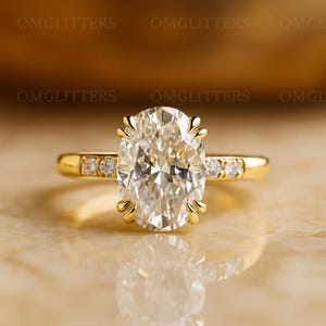 14k Yellow Gold Oval Cut Moissanite Engagement Ring, Side 3 Pave Moissanite Wedding Ring, Double Prong Set Oval Cut Art Deco Ring, Bridal