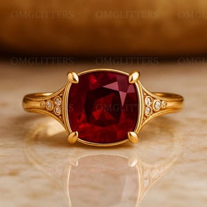 Cushion Cut Red Ruby Engagement Ring, 14k Solid Gold Antique Wedding Ring, Statement Art Deco July Birthstone Anniversary Gift for Women