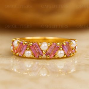 Baguette Cut Alexandrite and Pearl Engagement Half Eternity Band, June Birthstone Ring, Seed Pearl Ring, Stacking band Ring, Pearl Art Deco