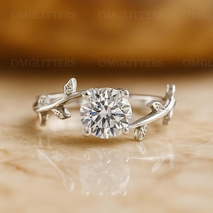 Nature Inspired Moissanite Engagement Ring Leaves Band Round Moissanite Diamond Wedding Ring Twig Sterling Silver Branch Engagement Ring