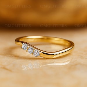 3 Stone Curved Wedding Band Women, 10k/14k/18k Yellow Gold Round Colorless Moissanite Band, Minimalist Stackable Matching Proposal Ring Gift