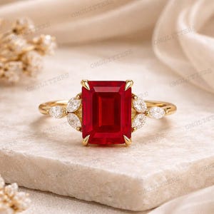 Emerald Cut Red Ruby Ring with Marquise Moissanite Accents, Gold Engagement Ring, Vintage Inspired Handmade Statement Ring