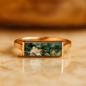 Anillo de bodas de ágata musgosa natural, oro amarillo, estilo art déco, único anillo de aniversario de ágata verde con corte baguette, joyería minimalista, regalo para ella