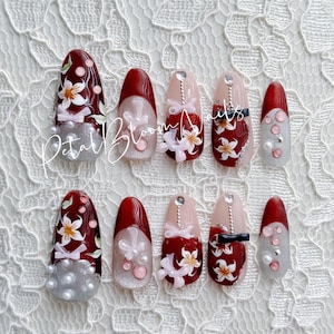 Detailed Crimson Red Garden Floral Almond Press On Nails / Handmade Nails / Glossy Press On Nails / Reusable Design