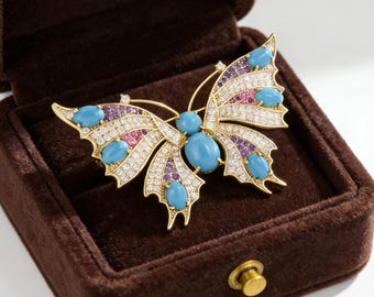 Luxury Blue Butterfly Brooch Vintage CZ Pin Elegant Jewelry Gift for Women