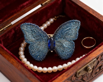 Vintage Embroidered Butterfly Brooch – Blue Fabric Pin, Gift for Her