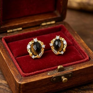 Könnte beinhalten: Ein Paar goldfarbene Ohrstecker mit ovalen, dunkelbraunen Tigeraugensteinen. Jeder Ohrring ist von einem goldenen Rahmen mit kleinen, klaren Edelsteinen umgeben. Die Ohrringe liegen in einer rot samtgefütterten Holzschmuckschatulle.