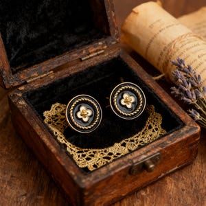 May include: A pair of black and gold earrings with a white clover design, displayed in a vintage wooden jewelry box lined with black velvet. The earrings are round with a gold rope-like border. A gold lace doily sits beneath the earrings.