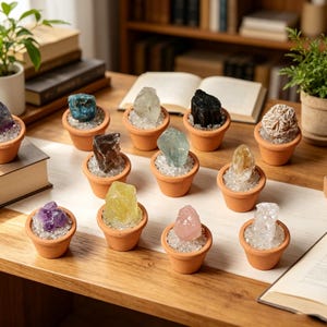 Puede incluir: Una colección de pequeñas macetas de terracota, cada una llena de cristales de colores, incluyendo amatista y cuarzo. Los cristales están colocados sobre una base de pequeñas piedras blancas. Las macetas están sobre una mesa de madera.