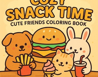 May include: A coloring book cover with the text "COZY SNACK TIME" and "CUTE FRIENDS COLORING BOOK". The illustration features a dog holding fries, a burger, a cat with ice cream, and a bunny with a drink.