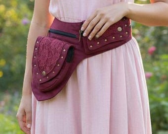 Riñonera utilitaria de encaje estilo bohemio - Riñonera burdeos para festivales, bolso de cintura estilo bohemio con bolsillos