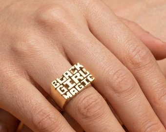 Customise Brass Statement Ring - Black Girl Magic Bold Text Ring Gold Inspirational Jewelry Gift for Her