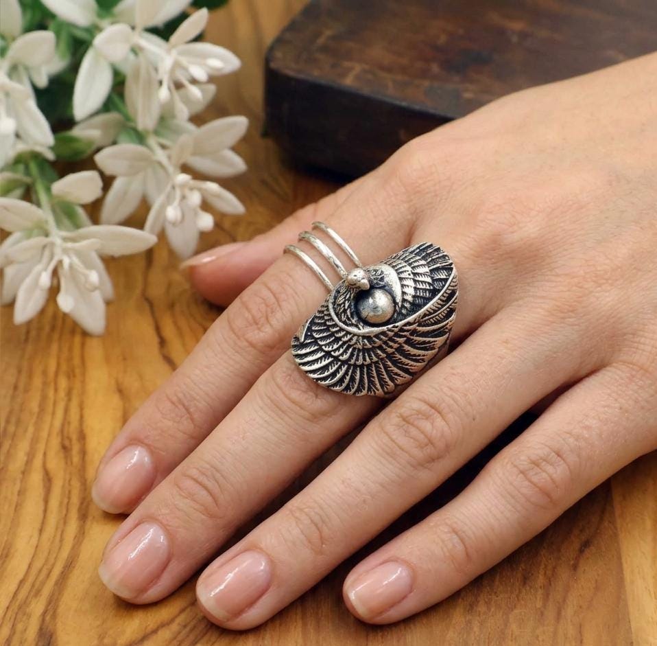 Silver Owl Ring for Men Women, Vintage Animal Statement Ring, Adjustable Boho Owl Jewelry, Gothic Bi
