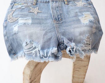 Girls Distressed Denim Shorts, Reworked denim cut off shorts w/ Stars, Moon, Sun Appliqué, Multicolor rhinestone trim
