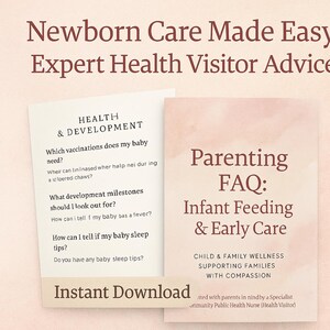 May include: Two informational cards with text about newborn care and parenting. One card says "Health & Development" and lists questions about baby vaccinations, milestones, and sleep tips. The other card says "Parenting FAQ: Infant Feeding & Early Care."
