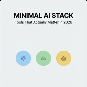 Può includere: Sfondo bianco con il testo "MINIMAL AI STACK" e "Tools That Actually Matter in 2026". Sotto, tre cerchi colorati con icone: un ingranaggio, una nuvola e un robot. Il logo FixwellStudio è in basso.