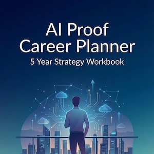 Puede incluir: Ilustración para un planificador de carrera titulado "AI Proof Career Planner" con el subtítulo "5 Year Strategy Workbook". La imagen presenta a una persona mirando una ciudad con gráficos de circuitos digitales y nubes. El logotipo de FixwellStudio está en la parte inferior.