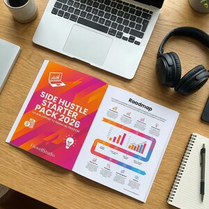 Peut inclure: Un livre ouvert intitul&eacute; "Side Hustle Starter Pack 2026" avec un design color&eacute;, un ordinateur portable, un casque et une tasse de caf&eacute; sur un bureau en bois. Le livre contient le texte "Your Blueprint to Financial Freedom". Un bloc-notes et un stylo sont &eacute;galement visibles.