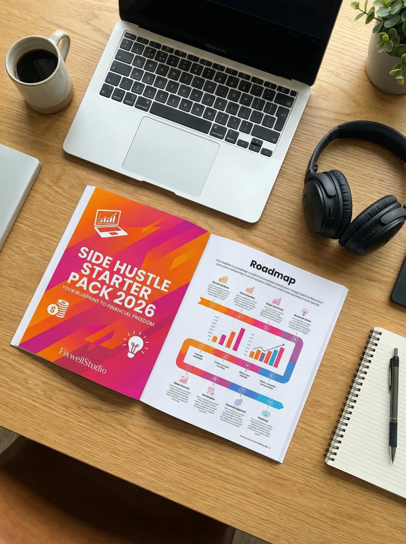 Peut inclure: Un livre ouvert intitul&eacute; "Side Hustle Starter Pack 2026" avec un design color&eacute;, un ordinateur portable, un casque et une tasse de caf&eacute; sur un bureau en bois. Le livre contient le texte "Your Blueprint to Financial Freedom". Un bloc-notes et un stylo sont &eacute;galement visibles.