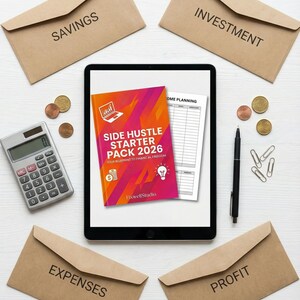 Peut inclure: Une tablette num&eacute;rique affiche un guide "Side Hustle Starter Pack 2026", entour&eacute;e d'enveloppes brunes avec les mots "&Eacute;pargne", "Investissement", "D&eacute;penses" et "Profit". Une calculatrice, un stylo, des pi&egrave;ces et des trombones sont &eacute;galement pr&eacute;sents.