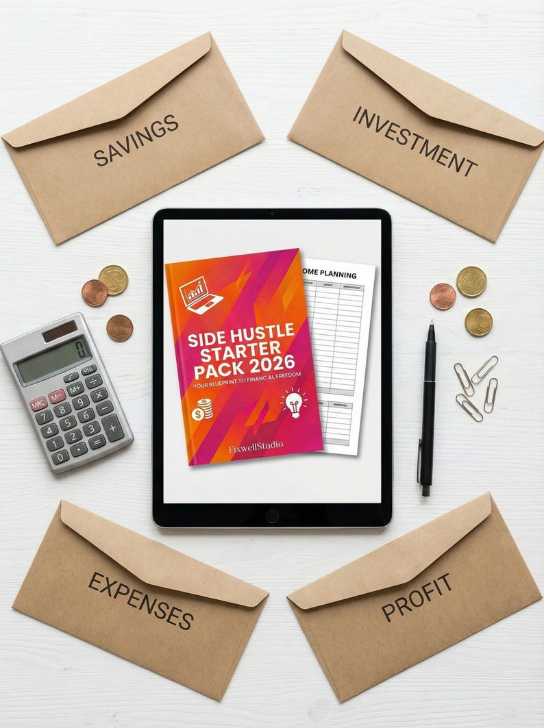 Peut inclure: Une tablette num&eacute;rique affiche un guide "Side Hustle Starter Pack 2026", entour&eacute;e d'enveloppes brunes avec les mots "&Eacute;pargne", "Investissement", "D&eacute;penses" et "Profit". Une calculatrice, un stylo, des pi&egrave;ces et des trombones sont &eacute;galement pr&eacute;sents.