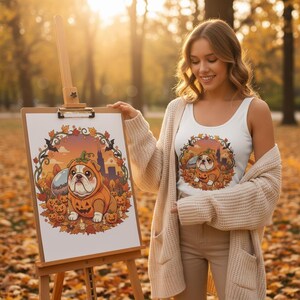 Puede incluir: Una camiseta sin mangas blanca y una ilustración enmarcada con un bulldog con disfraz de calabaza, rodeado de calabazas y follaje otoñal. La ilustración está en un caballete. La camiseta sin mangas tiene la misma ilustración. El fondo es un parque.