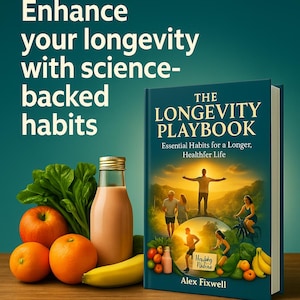 May include: Image of a book titled "The Longevity Playbook" with text "Enhance your longevity with science-backed habits." The book is next to a bottle of smoothie, oranges, apples, a banana, and other fruits and vegetables.