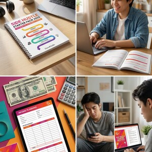 Peut inclure: Plusieurs images pr&eacute;sentent un pack de d&eacute;marrage pour un revenu d'appoint. On y voit un carnet avec le texte "SIDE HUSTLE STARTER PACK 2026", une tablette avec une feuille de calcul de planification des revenus et une personne travaillant sur un ordinateur portable.