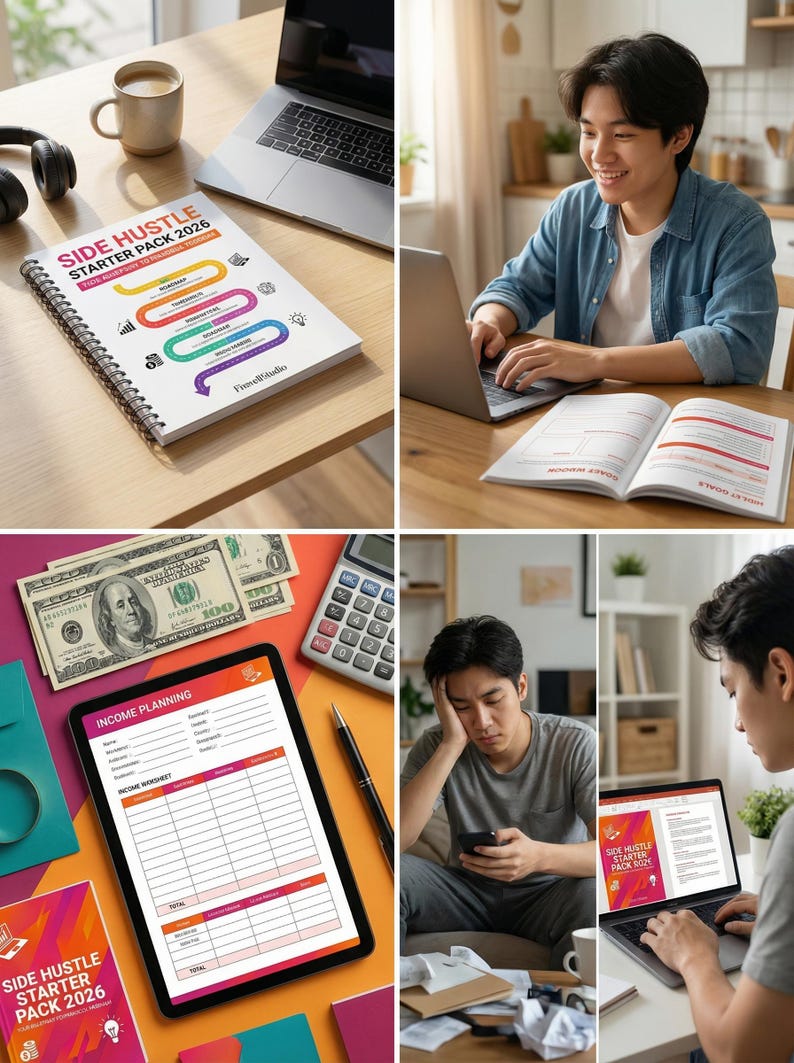Peut inclure: Plusieurs images pr&eacute;sentent un pack de d&eacute;marrage pour un revenu d'appoint. On y voit un carnet avec le texte "SIDE HUSTLE STARTER PACK 2026", une tablette avec une feuille de calcul de planification des revenus et une personne travaillant sur un ordinateur portable.