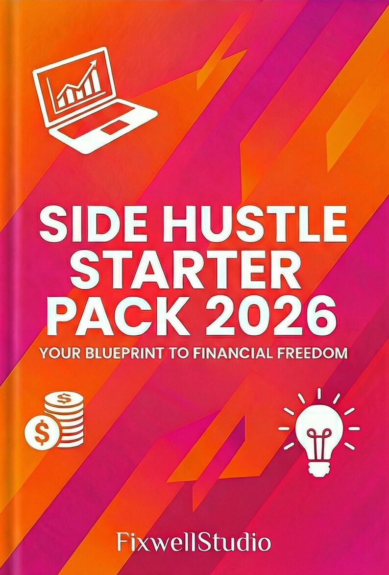 Peut inclure: Une couverture de livre avec un design vibrant dans les tons orange, rose et rouge. Le titre "SIDE HUSTLE STARTER PACK 2026" est bien en &eacute;vidence. Comprend des ic&ocirc;nes d'un ordinateur portable, d'argent et d'une ampoule. Le texte "YOUR BLUEPRINT TO FINANCIAL FREEDOM" est &eacute;galement visible.