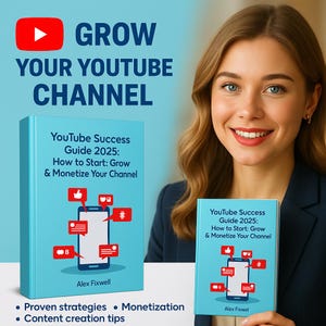 Könnte beinhalten: Ein hellblaues Buch mit dem Titel "YouTube Success Guide 2025: How to Start: Grow & Monetize Your Channel." Das Cover zeigt eine Smartphone-Grafik und den Text "GROW YOUR YOUTUBE CHANNEL." Das Buch wird von einer Person gehalten.