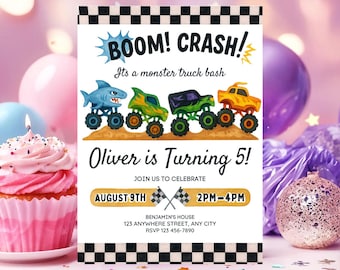 Monster Truck Birthday Invitation: Watercolor Boom Crash Bash (Editable Canva Template 5x7)