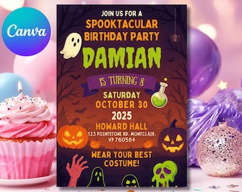 ピンクのハロウィン1歳の誕生日招待状：不気味なもの、編集可能なCanvaテンプレート