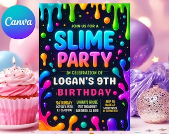 May include: A vibrant invitation for a slime-themed birthday party. The design features colorful dripping slime, with text that reads "SLIME PARTY" and details for Logan's 9th birthday. The invitation includes the date, time, location, and RSVP information.