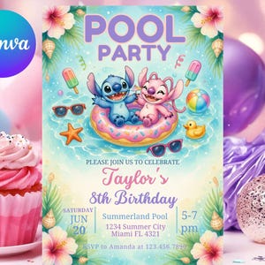 Könnte beinhalten: Eine lebendige Poolparty-Einladung mit den Worten "POOL PARTY" in Lila. Die Einladung enthält Zeichentrickfiguren in einem Pool-Float, Sonnenbrillen und einen Strandball. Der Text lautet "Taylors 8. Geburtstag" mit Datums- und Zeitangaben.