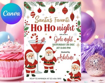 Pode incluir: Um convite festivo para uma "Noite de meninas" com o texto "Santa's Favorite Ho Ho night". O design apresenta ilustrações do Papai Noel, um coquetel e enfeites de Natal. O evento está agendado para 26 de dezembro às 14h00.