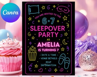Sleepover Birthday Invitation, 6-7 Years, Editable Digital Invite