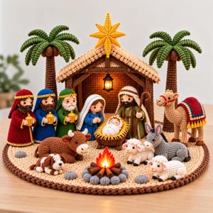Puede incluir: Un set de nacimiento tejido a ganchillo que incluye un establo con una estrella amarilla, dos palmeras y figuras como un bebé en un pesebre, María, José, tres sabios, un camello, un burro, una vaca, un perro, dos ovejas y una fogata central.