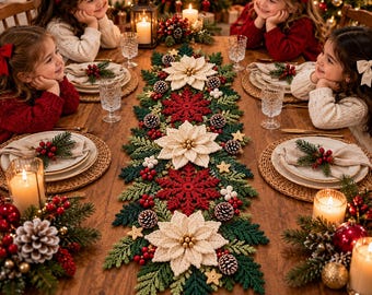 Pode incluir: Um caminho de mesa de Natal longo e retangular com flores de poinsétia cor de creme feitas de crochê, motivos de flocos de neve vermelhos, ramos de pinheiro verdes, pequenas pinhas e bagas brancas dispostas num padrão festivo decorativo.