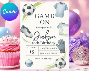 Sports Birthday Invitation, Watercolor Design (Editable Canva Template)