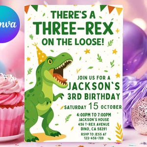 Dinosaur Birthday Invitation, Editable Three Rex Birthday Invite, Boys Third Birthday Dino Party, Three-Rex On The Loose
