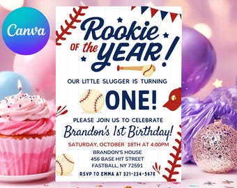 Invitación al primer cumpleaños de béisbol: Novato del Año (plantilla editable de Canva)
