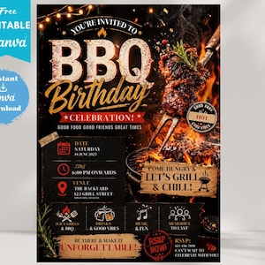 May include: BBQ Birthday Celebration invitation with a dark background. The design features a grilled steak on a fork, flames, and text that reads "You're Invited To BBQ Birthday Celebration!" and event details.