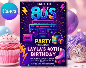 Editable 80s Birthday Party Invitation: Neon Throwback, Glow Dance