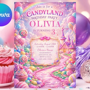 Peut inclure: Invitation d'anniversaire sur le thème de Candyland, aux couleurs rose et violet. L'invitation présente un arc-en-ciel, des sucettes, un château et le texte "Rejoignez-nous pour une fête d'anniversaire Candyland Olivia a 3 ans". Un cupcake et des ballons sont au premier plan.